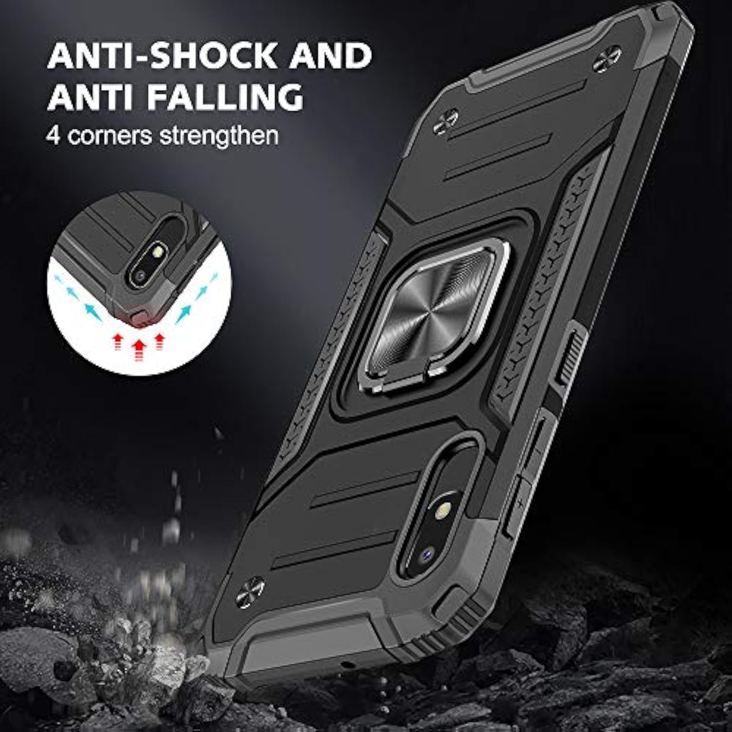 Samsung Galaxy A10E Case, Samsung A10E Case, With Tempered Glass Screen Protector, Hard Rubber Bumper With 360° Rotation Ring Kickstand Cases For Samsung Galaxy A10E (Black)
