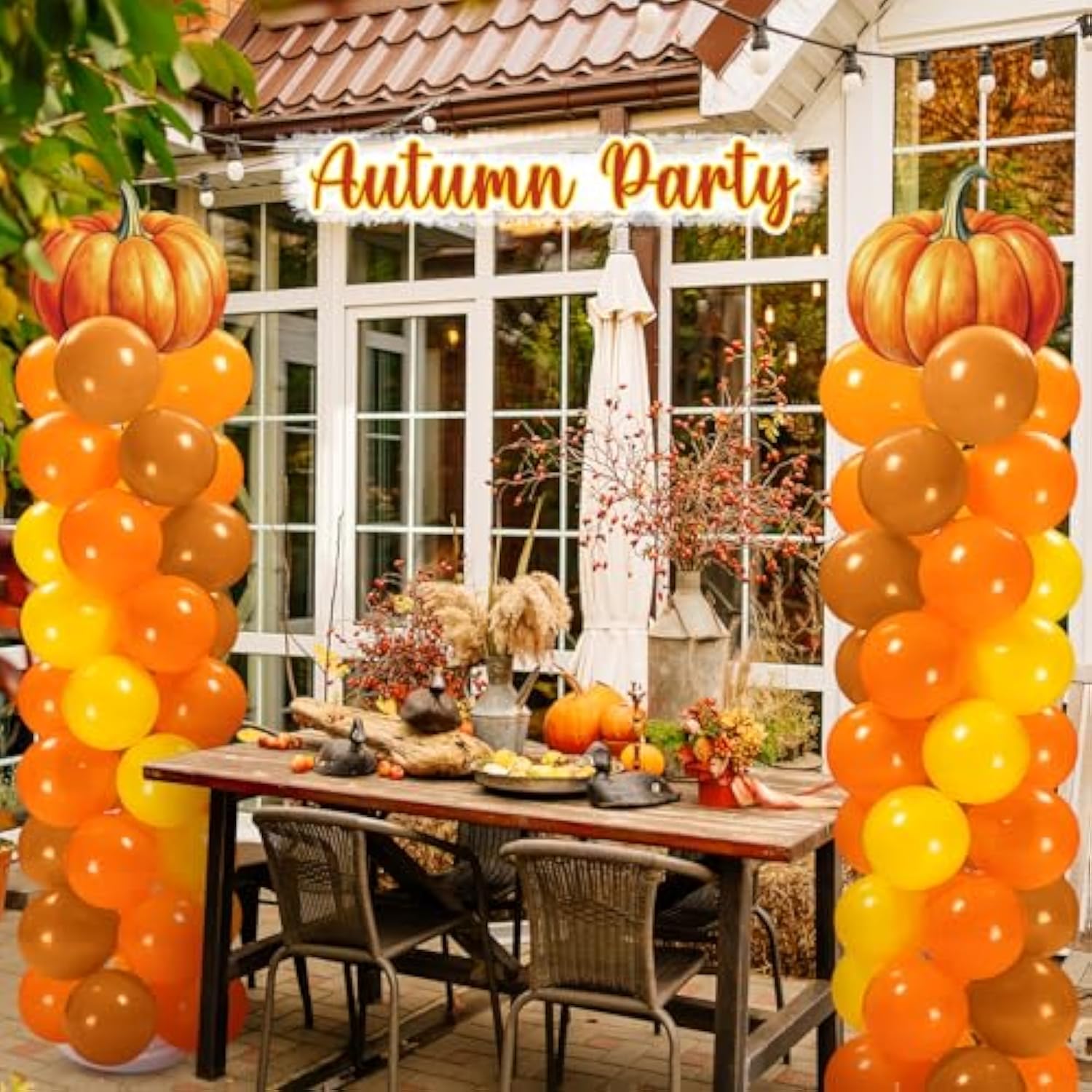 2 Sets Thanksgiving Balloon Column Stand Kit Pumpkin Maple Leaf Orange Yellow Balloons