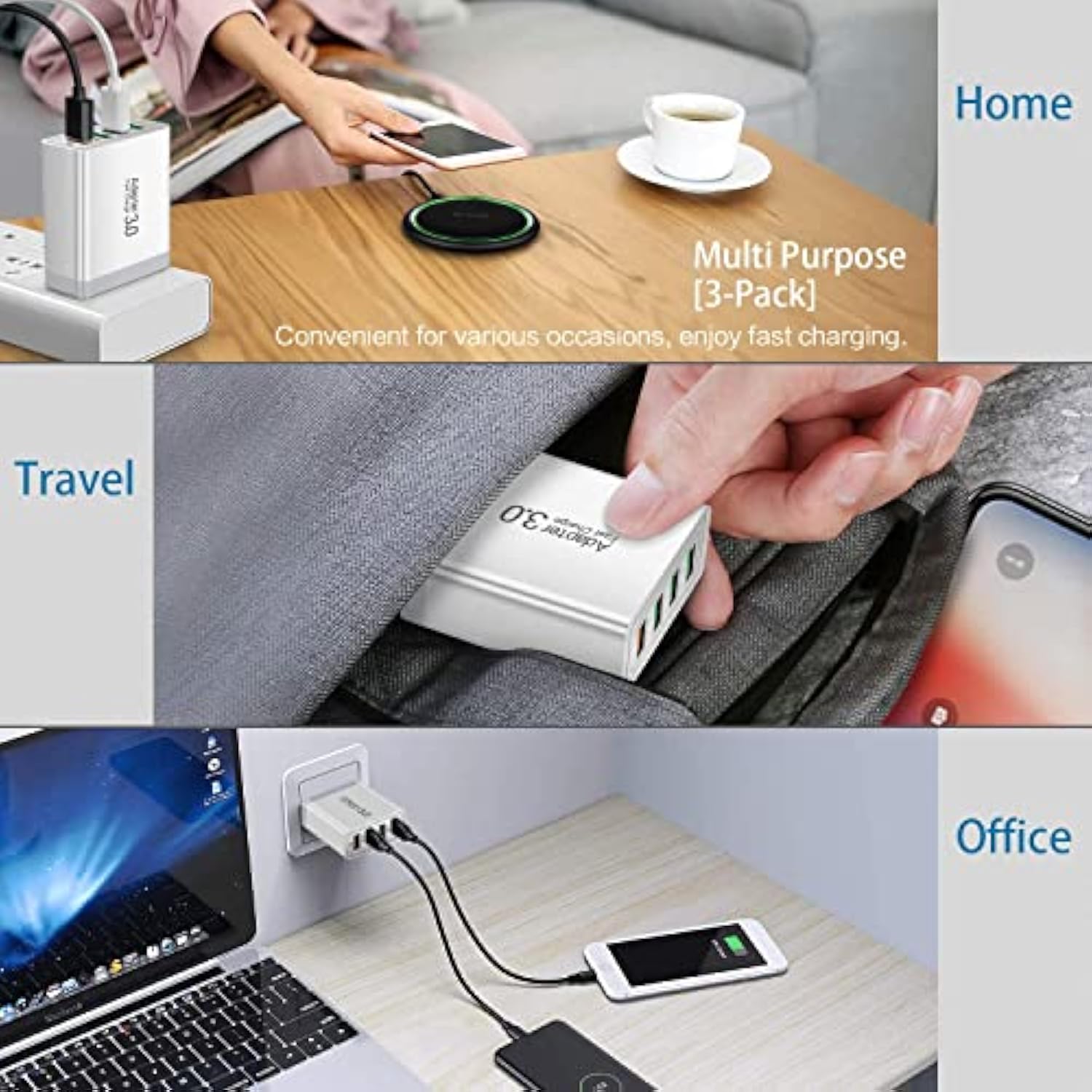 Fast Charge 3.0, Portable Usb Wall Charger, 4Ports Usb Charger Block Power Adapter Charger Brick Plug Compatible With Samsung Galaxy S23 S22, Iphone 14 13, Ipad,Lg, Htc,Google Pixel 7