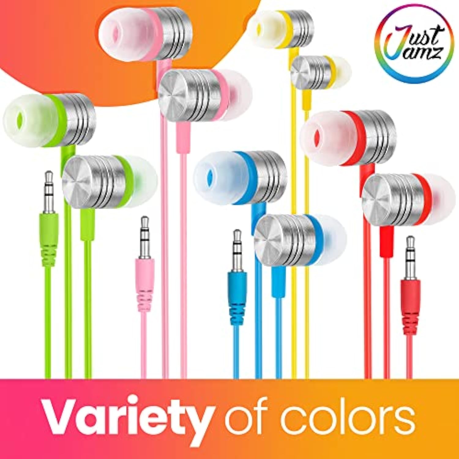 JustJamz Bulk Ear Buds Jelly Matte - 30 Pack of Colorful in-Ear Earbuds - Wired Earbuds - Stereo Sound - Silicone Earbud Tips - 3.5mm Stereo Multi-Color Earbuds for School, Classrooms, Libraries