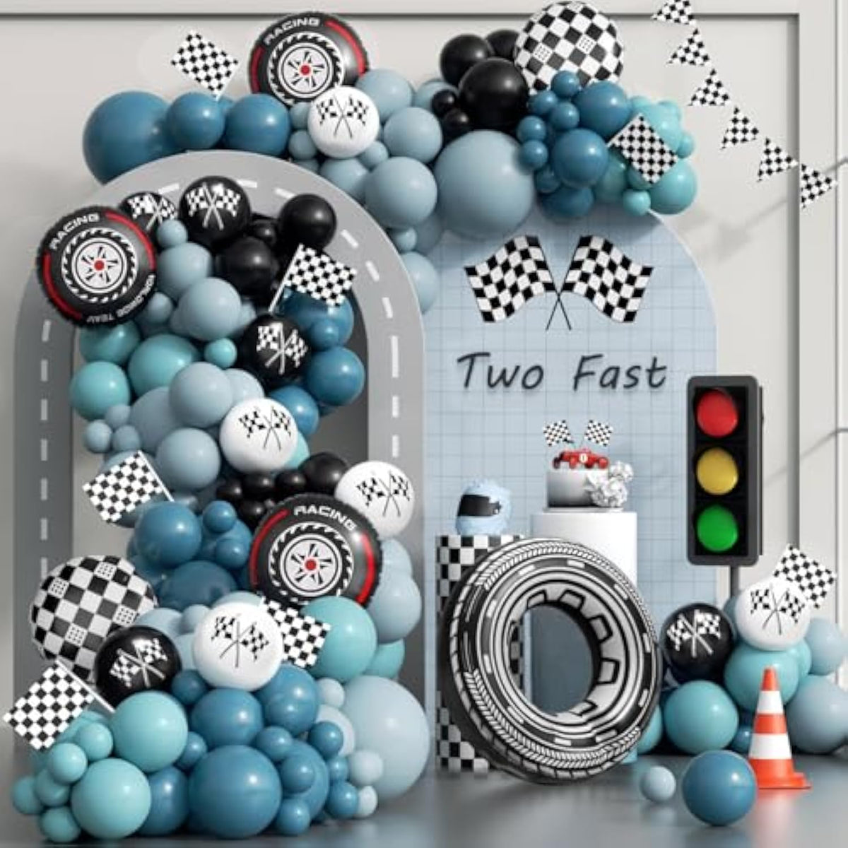 184Pcs Race Car Balloon Garland Arch Kit, Two Fast Birthday Decorations With Slate Dusty Blue Checkered Wheel Check Flag Balloons For One Two Fast Race Car Birthday Party Decorations For Boys