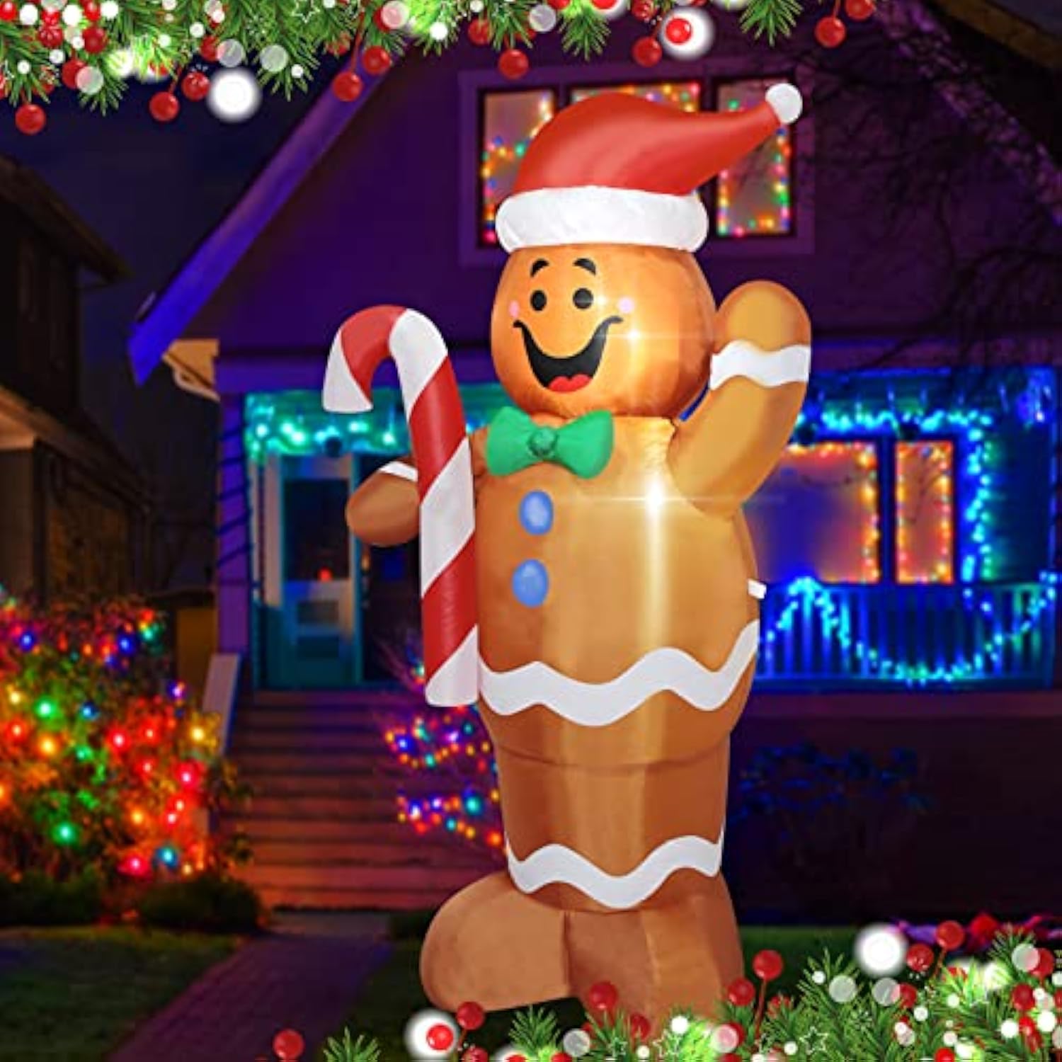 Christmas Inflatable Gingerbread Man Yard Decoration Lighted Blow Up Christmas Garden Lawn Decor 5 Feet (01- Gingerbread