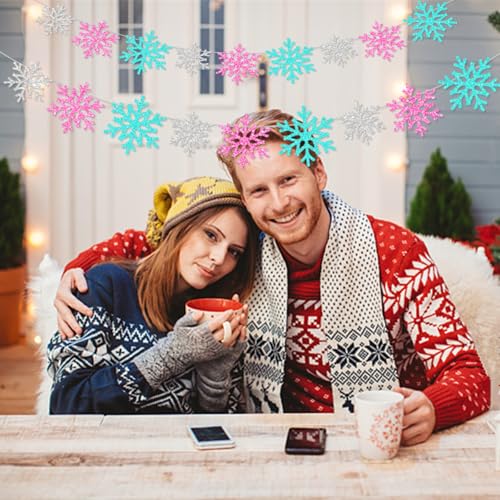 2Pcs Glittery Snowflake Banners, Pink Blue Silver Banner Winter Christmas Decorations Banners Holiday Garland Photo Props Banner for Party Home Decoration