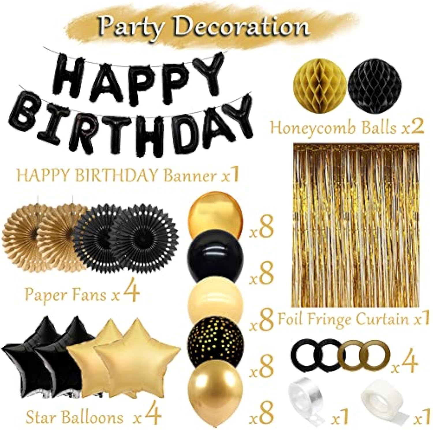 Black And Gold Party Birthday Decorations Men Black Happy Birthday Banner Black Gold Balloons Foil Fringe Curtain Bday Decor Women Boys 13Th 16 18Th 21St 25Th 30Th 40Th 50Th 60Th 70Th
