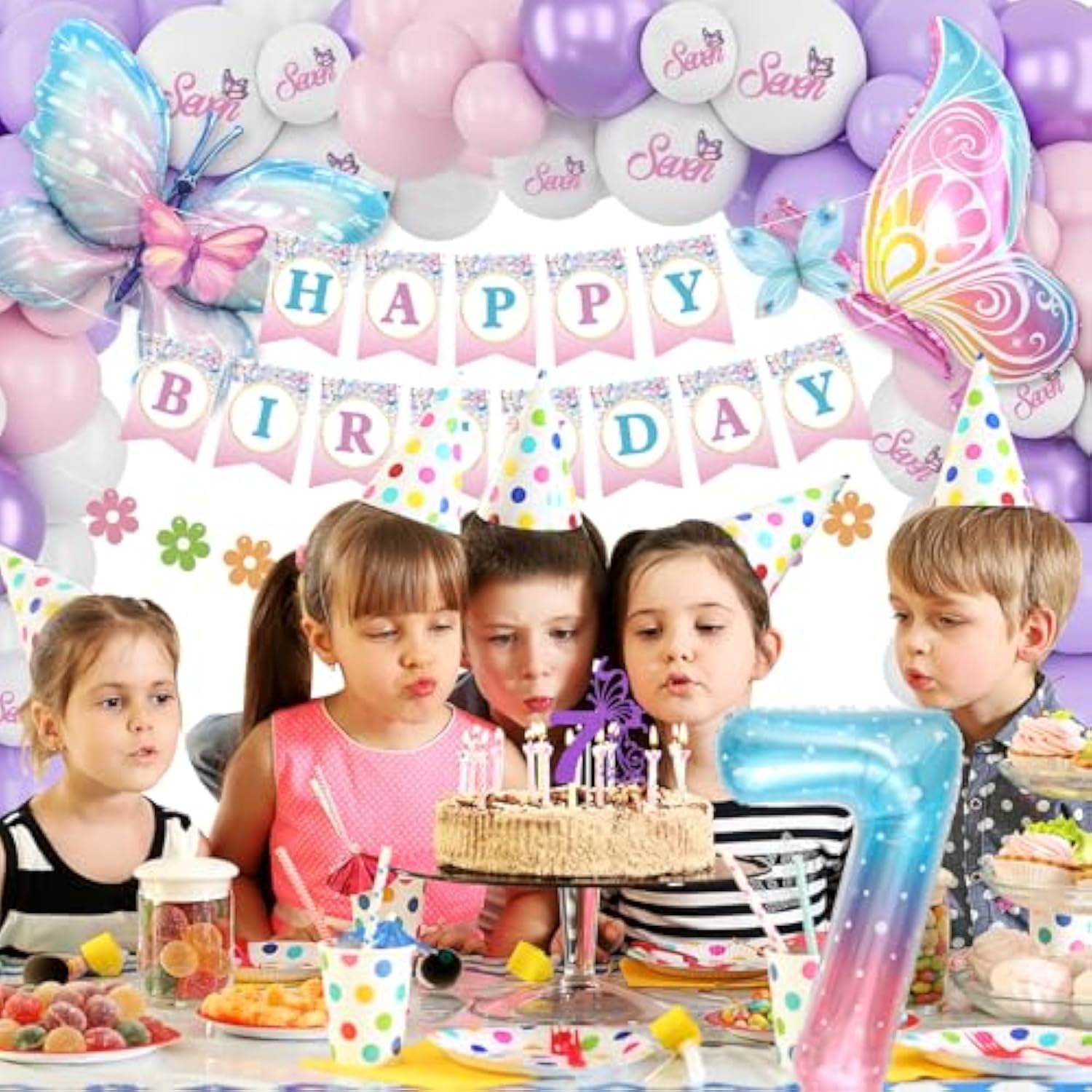 7Th Birthday Decorations For Girl, 7 Year Old Birthday Decorations Girl Butterfly Birthday Decorations Happy Birthday Banner Pink And Purple Balloons Seven Birthday Decorations Girl