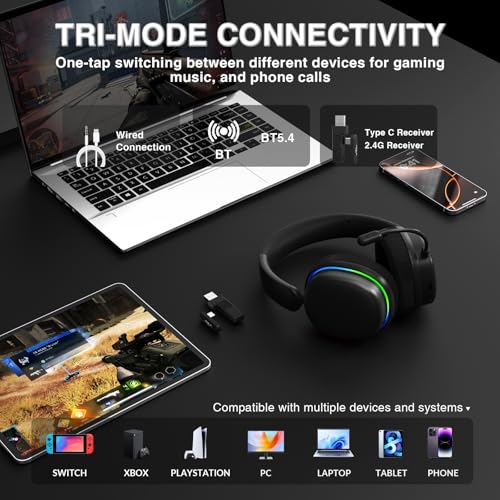 G7 Pro Wireless Gaming Headset with 7.1 Surround Sound, 40mm Driver, BT5.3 Gaming Headphones with Mic, RGB, 10ms Latency, 65H Battery, PC Gaming