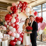 Red Pink White Balloon Garland Dark Red Pink Pearl Balloon Arch Kit Bobo With Foil Heart Balloons For Christmas Birthday Baby Shower Wedding Bridal Shower Cherry Party Decorations