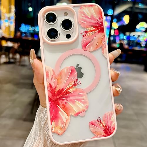 Magnetic for iPhone 15 Case [Compatible with MagSafe] Cute Trendy Hibiscus Flower Pattern Design for Summer Hawaiian, Translucent Shockproof
