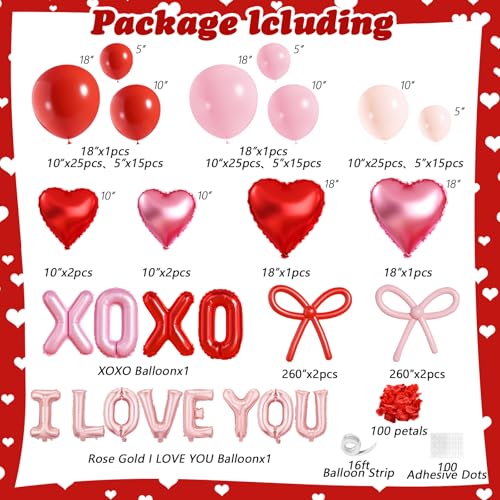 Valentines Day Balloon Arch Garland Kit, Valentine Pink White Red Heart I LOVE YOU XOXO Balloons with Rose Petals for Bachelorette Bridal Engagement Birthday Galentines Valentines Party Decorations
