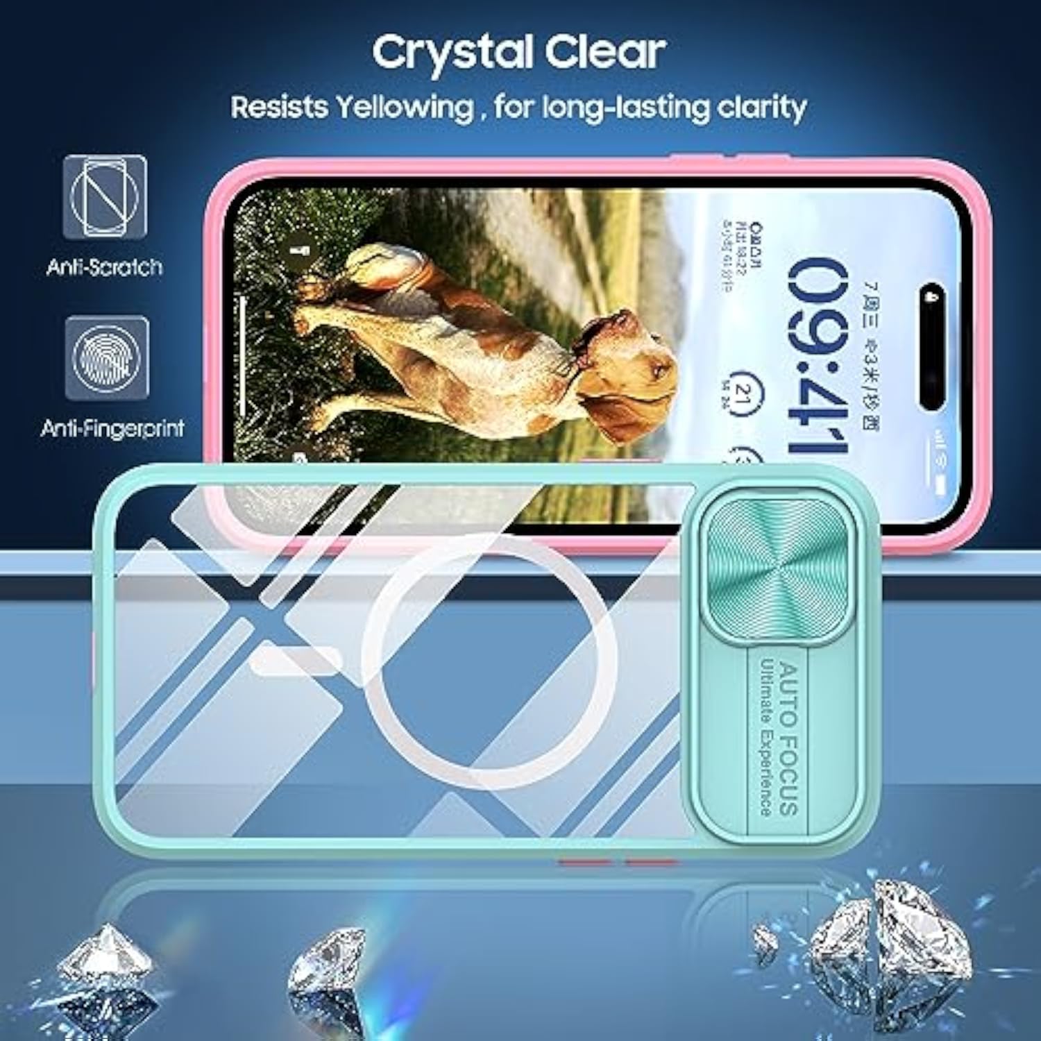 Clear Case Compatible with iPhone 15 MagSafe Slide Camera Lens Cover with 1 Screen Protector, Strong Magnets, Anti Yellow, Transparent Acrylic Back Soft Frame iPhone 15 Case 6.1 Inch, Pink and Teal