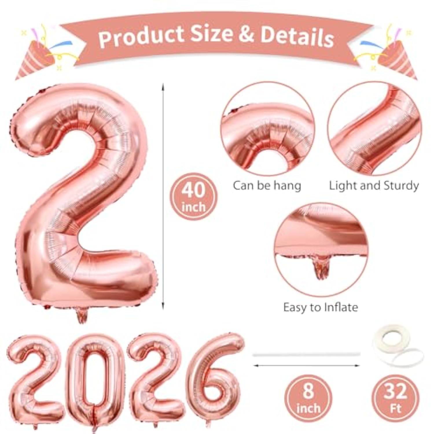 40 Inch Rose Gold 2026 Foil Balloons Party Supplies Graduation New Year