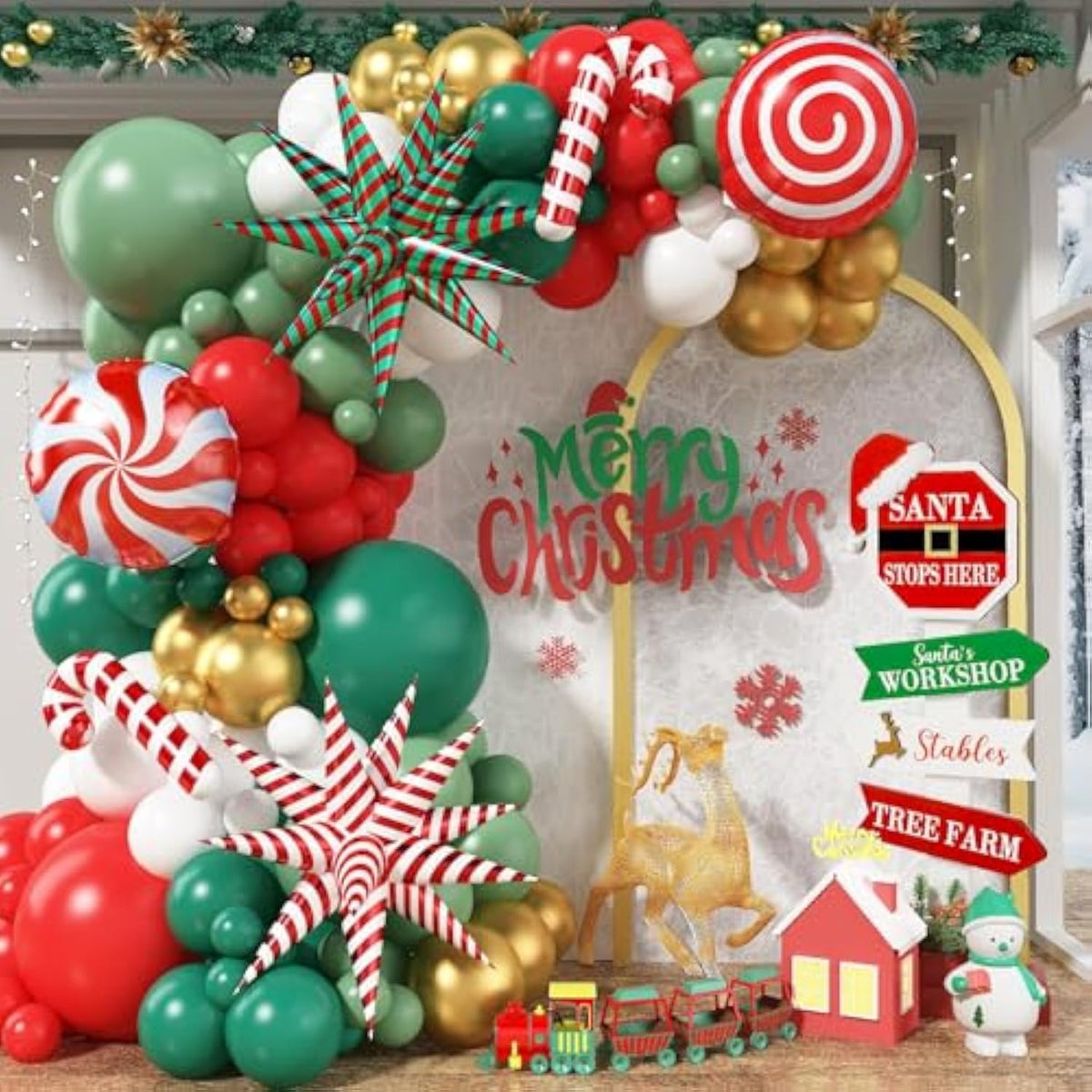 Christmas Balloon Arch Kit with Red Green White and Gold Holiday Balloons