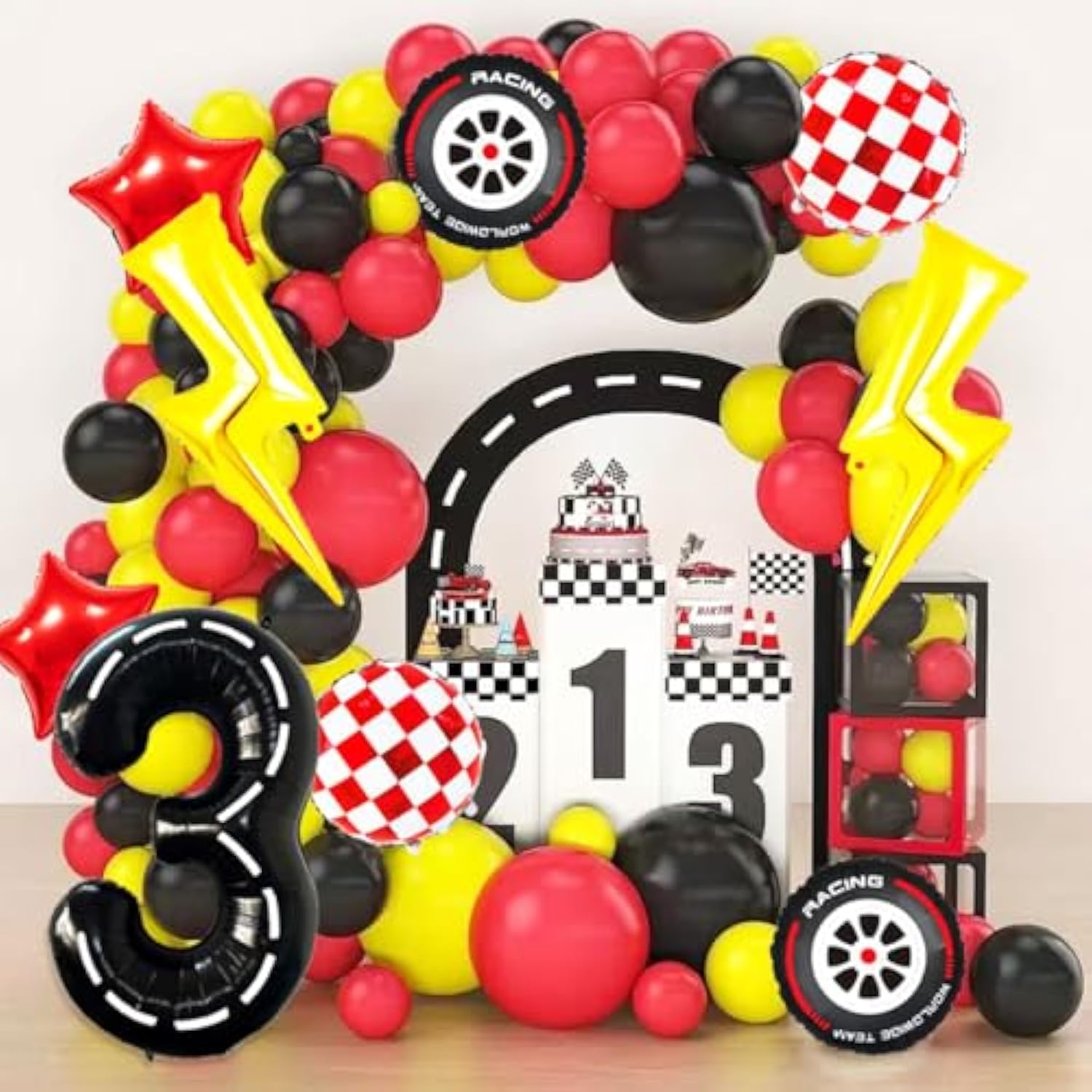 Race Car Birthday Decorations – 40" Lightning Bolt & Number 3 Foil Balloons