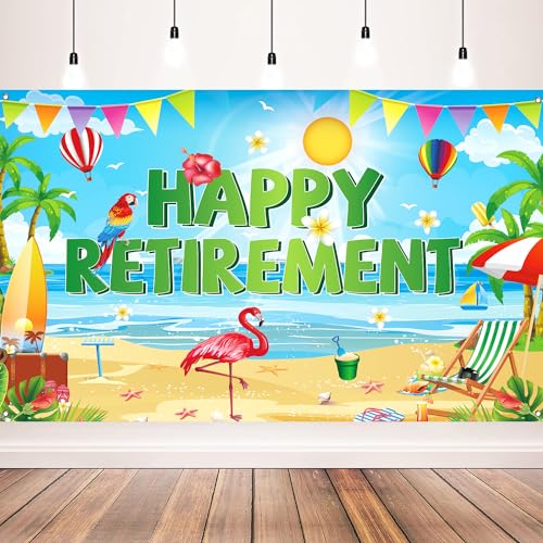 Summer Hawaiian Beach Themed Happy Retirement Banner Backdrop for Retirement Party Decorations, 71x43 Inches