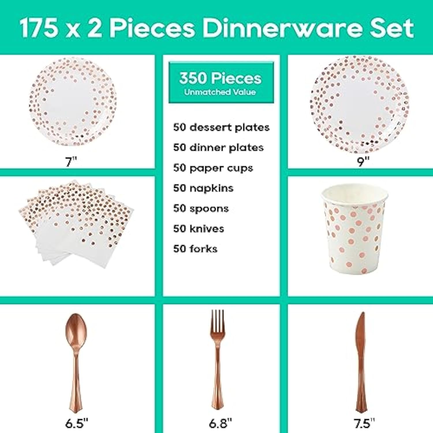White And Rose Gold Party Supplies - 350 Pcs Disposable Dinnerware Set - White Paper Plates Napkins Cups, Gold Plastic Forks Knives Spoon For Graduation, Birthday, Cocktail Party