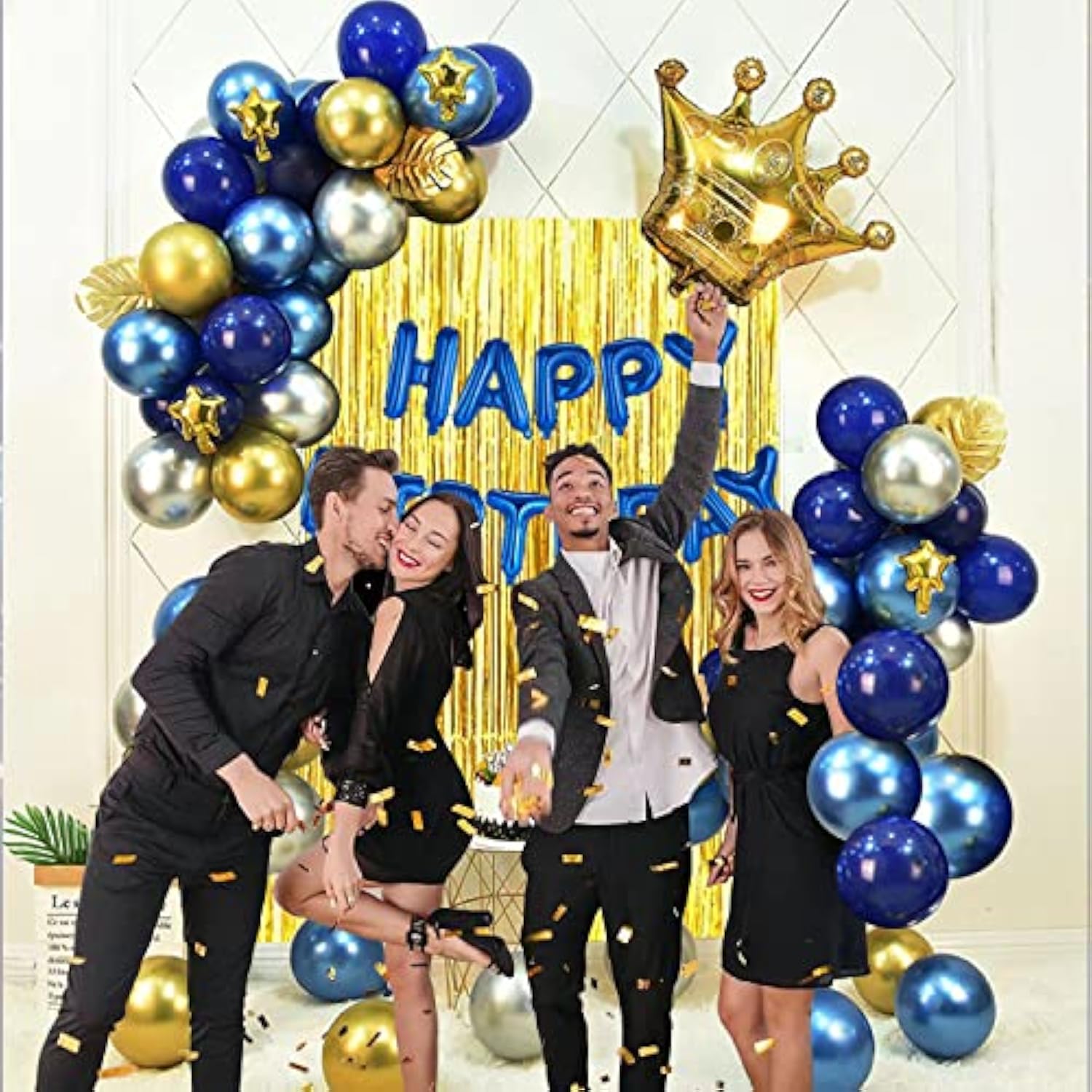Gold & Silver Blue Birthday Party Decoration Set - Happy Birthday Banner, Balloons, Metallic Fringe Curtain, Golden Crown - Perfect For Girls, Boys, Men Or Women