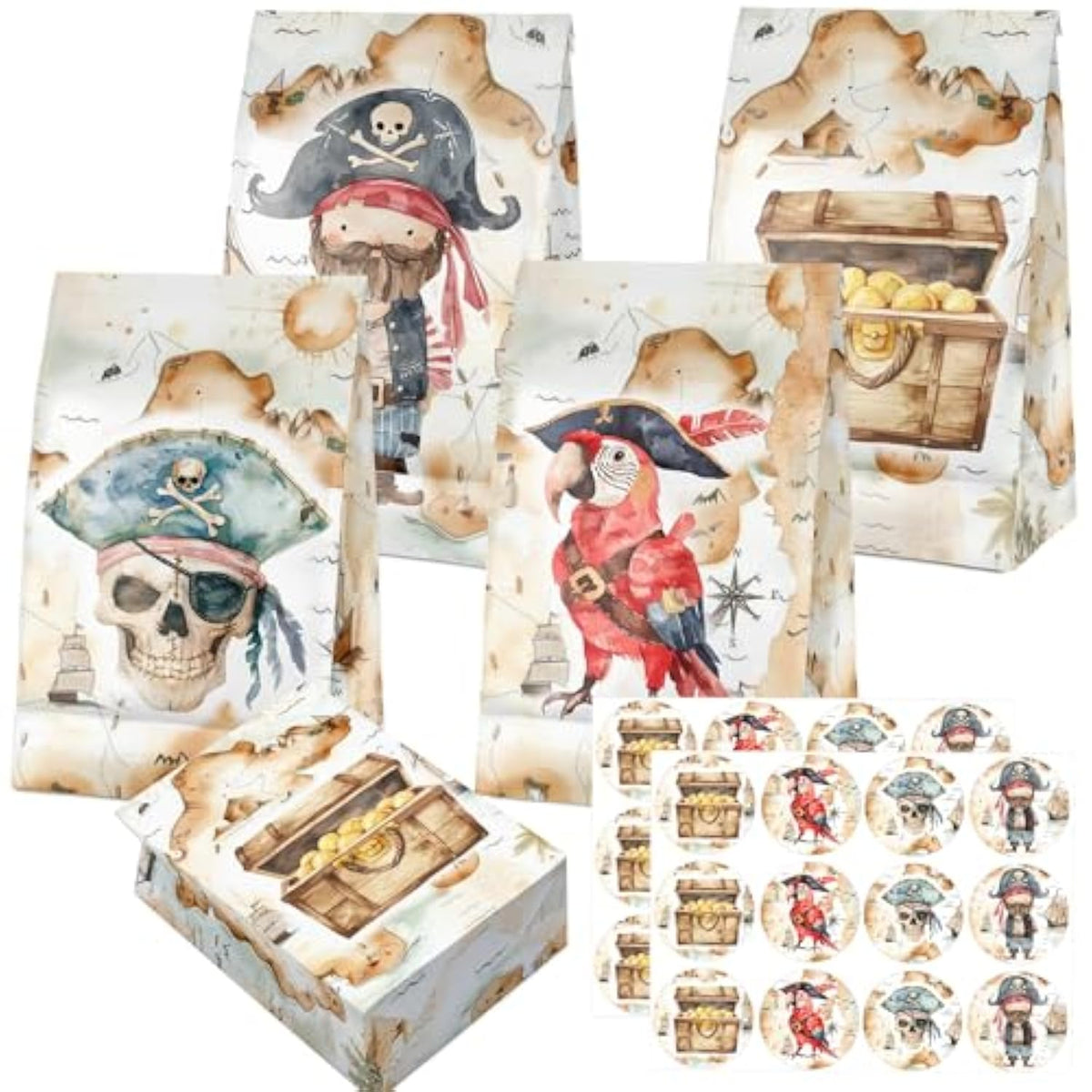 24 Pcs Pirate Goodie Bags With Stickers - Pirate Themed Birthday Party Favor Bags, Perfect For Kids' Pirate Party Supplies And Treat Bags