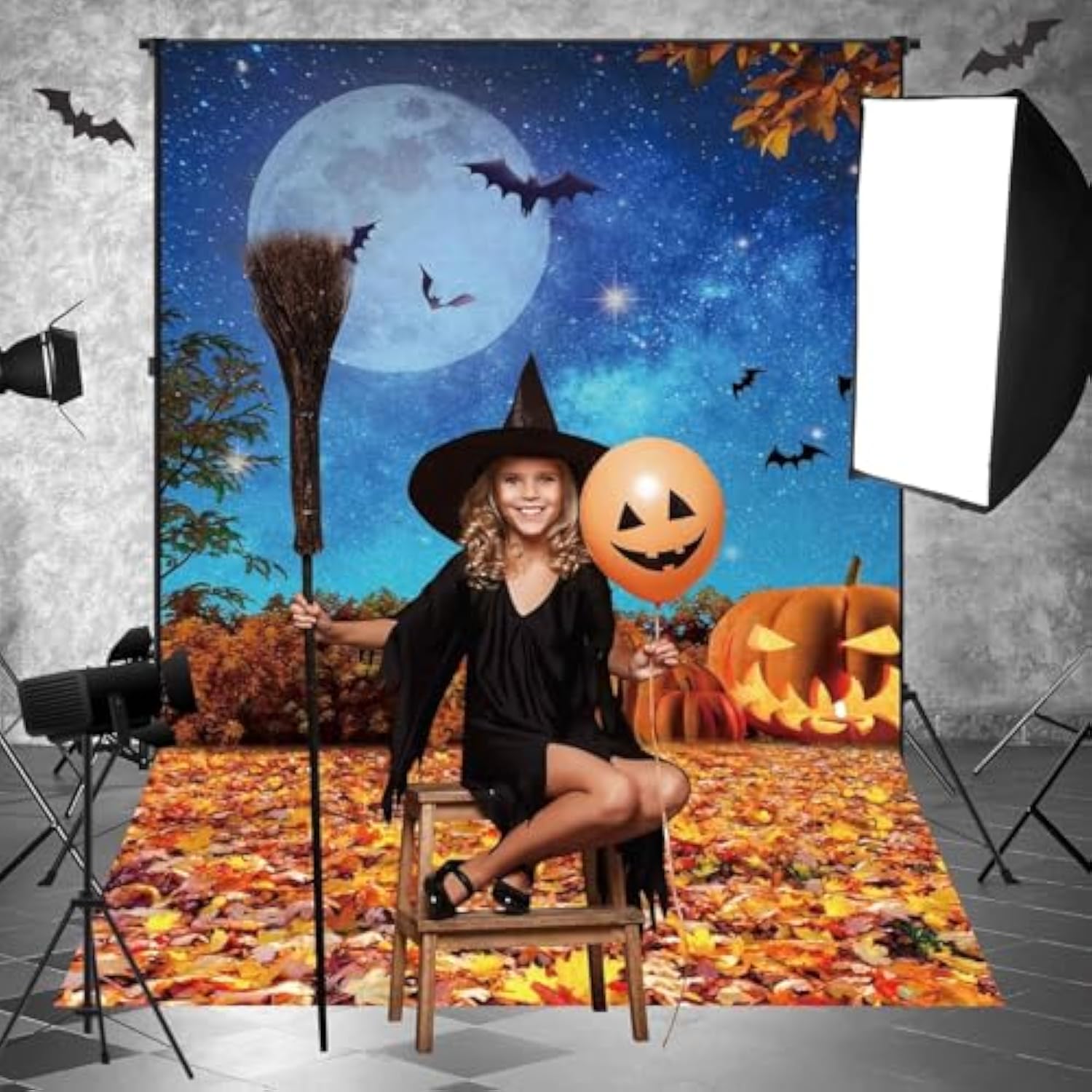 5x7FT Halloween Backdrop Moonlight Pumpkin Fallen Leaves Party Photo Decoration