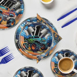 96 Pcs Party Plates, Monster Truck Paper Plates And Napkins Party Supplies For Monster Trcuck Theme Birthday For Kids, Disposable Tableware Sets, Serve For 24 Guests, Dark Blue