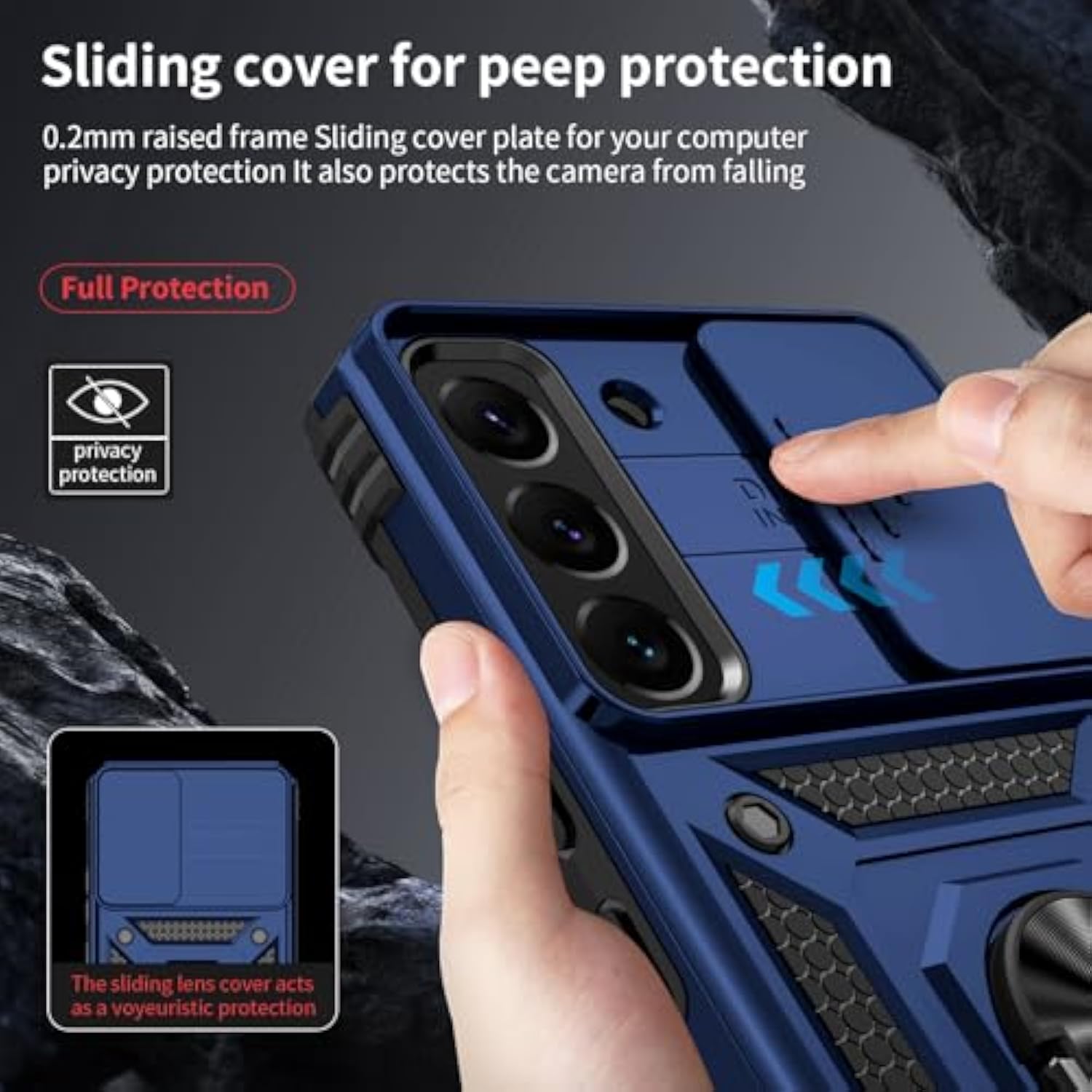 For Samsung Galaxy S22 Case With Camera Lens Cover, Hd Screen Protector, 10 Ft Military Grade Drop Protection, Magnetic Ring Holder Kickstand Protective Phone Case, Navy Blue