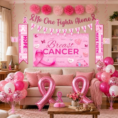 Breast Cancer Awareness Decorations,46PCS Breast Cancer Awareness Set with No one Fights Alone Banner,Breast Cancer Banner,Hanging Swirls,Pink Ribbon Balloons for October Pink Ribbon Party Supplies