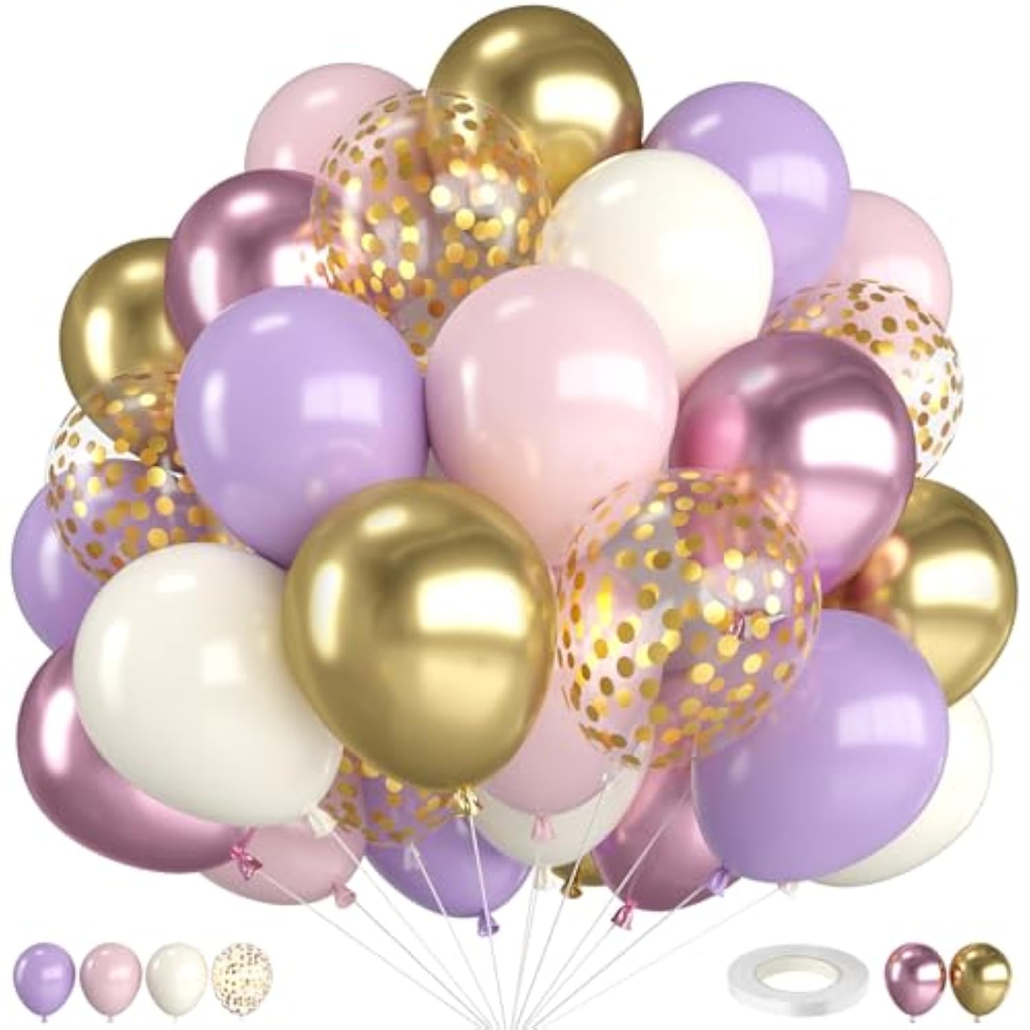 Pink And Purple Balloons,12 Inch Metallic Pink Light Purple White And Gold Baloons With Confetti Balloon For Girls Birthday Baby Shower Wedding Bridal Shower Party Decorations