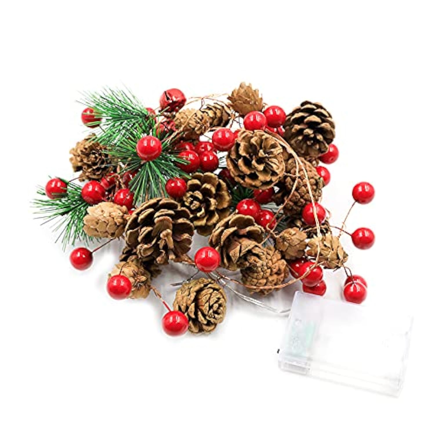 20 Led Christmas Pinecone Lights,7 Ft Pinecone Red Berry Bell Christmas Garland With Lights Battery Operated Christmas D