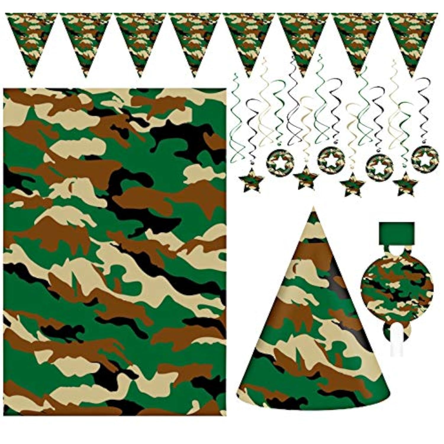 Camo Party Decorations Kit – Complete Camouflage Birthday Party Supplies With Hats, Blowouts, Treat Bags, 14 Swirls, Pennant Banners & Backdrop For Army, Military, Hunting, Going Away Parties