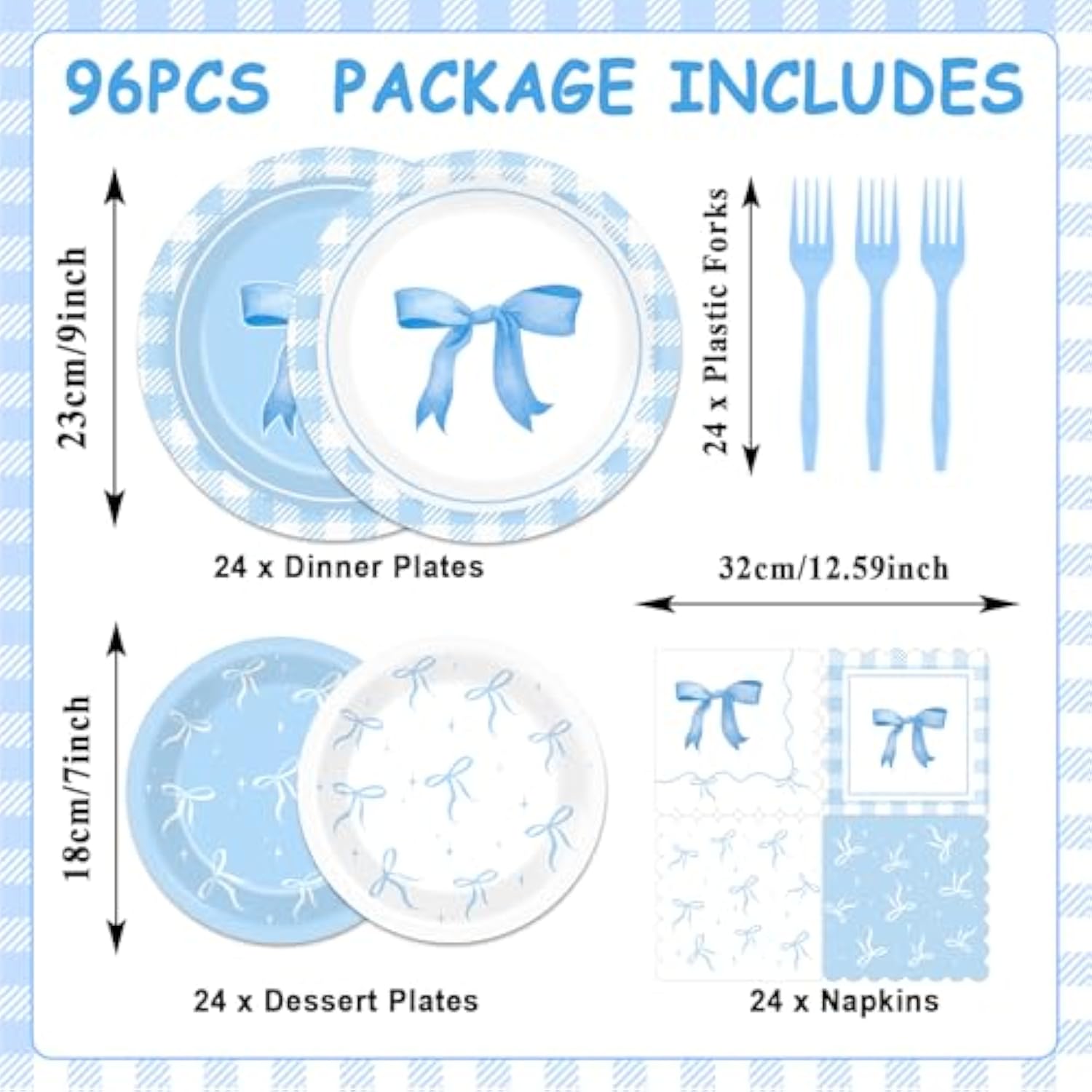 96Pcs Blue Bow Party Plates And Napkins Blue Bow Birthday Supplies For Girl Bachelorette Bridal Engagement Baby Shower Coquette Tableware Dinnerware Serves 24 Guests Party Decorations