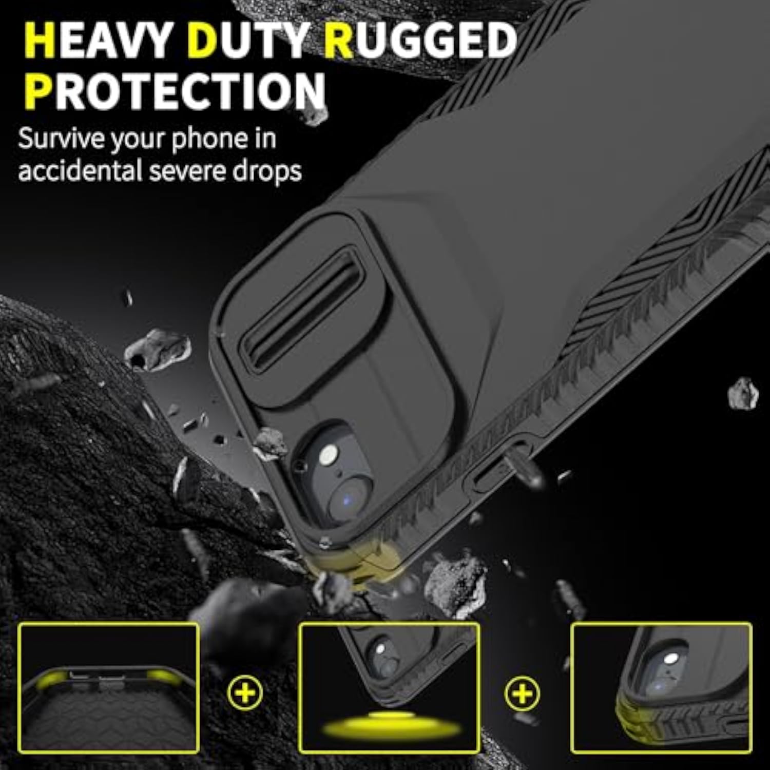 Heavy Duty Rugged Shockproof Protective Case for iPhone SE 2022/2020/3rd/2nd, iPhone 8/7 - 2 in 1 Built-in Slide Camera Cover & Screen Protector, Black, 4.7"