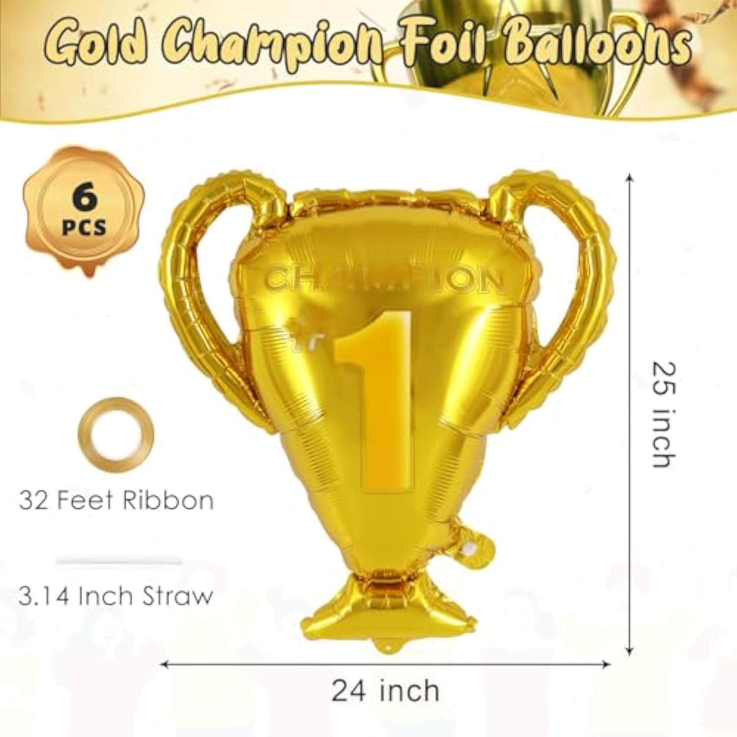 6 Pcs Gold Champion Trophy Foil Balloons for Sports, Birthday, and Party Decor