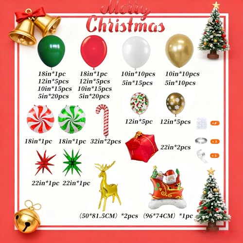 Christmas Balloon Garland Arch kit with Red White Green Gold Balloons, Confetti Balloons, Candy, Cane, Elk, Gift Box, Explosion-Star, Santa-Claus Sleigh Foil Balloons for Xmas Party Decorations