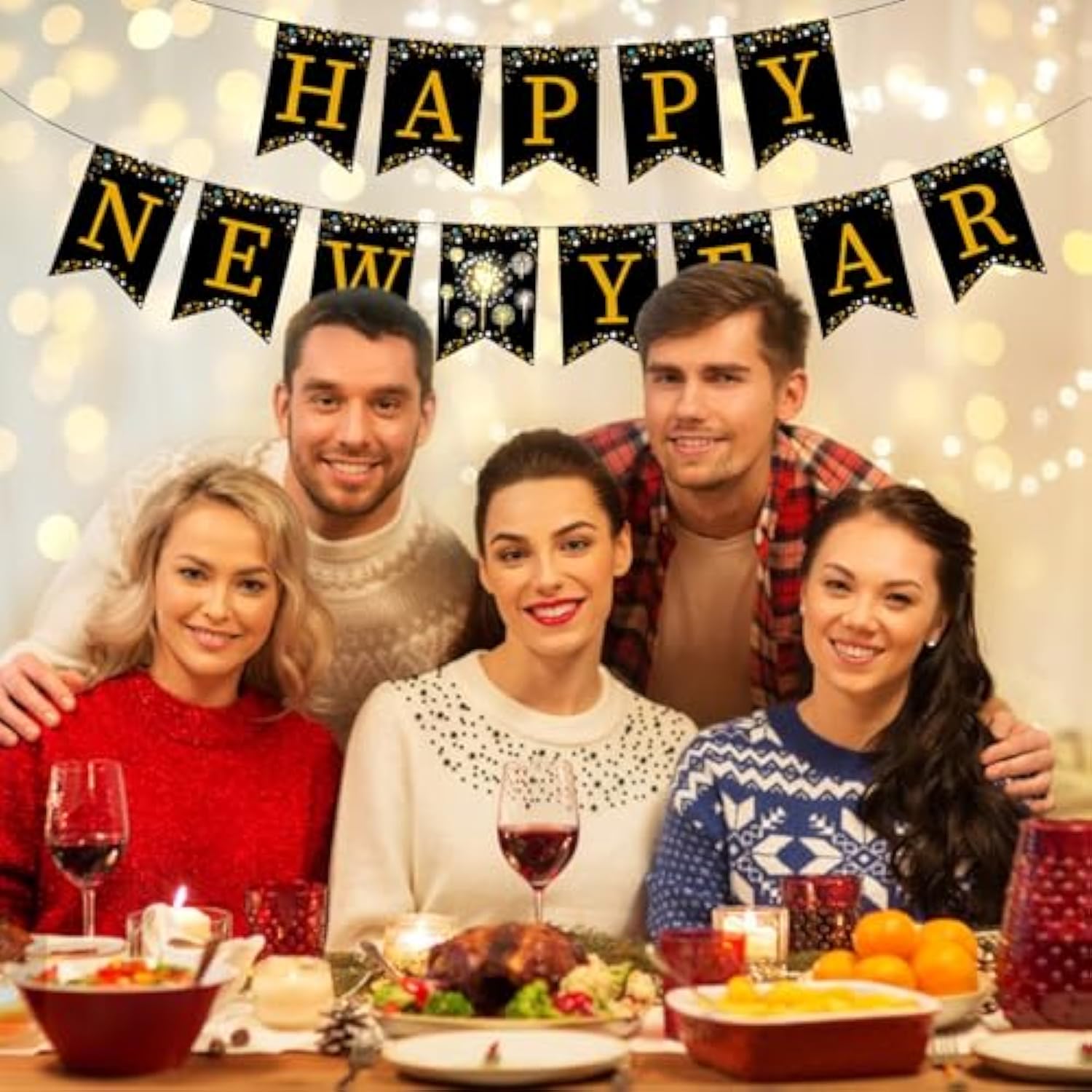 Happy New Year Black and Gold Bunting Banner Party Decorations