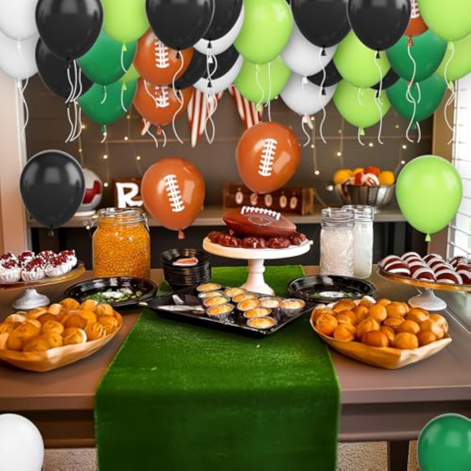 Football Balloons, 12 Inch Football Party Balloons, Dark Green And Black Balloons White And Brown Football Printed Latex Balloos For Boys Birthday Touch Down Rugby Sport Theme Party Decor