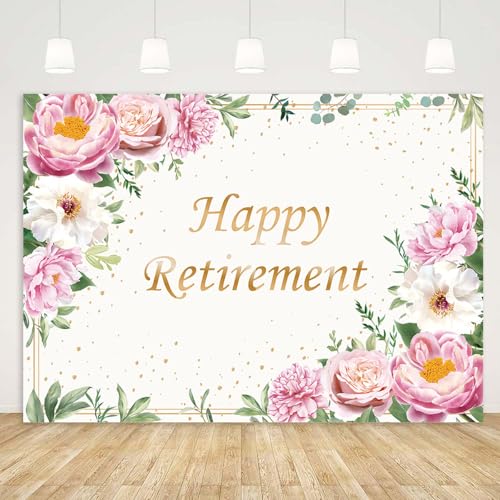 Happy Retirement Backdrop for Women Pink Rose Gold Dots Retirement Party Banner White Floral Greenery Leaves Decoration Lady's Retirement Party Decor Congrats Retire Photo Booth Props(7x5ft)