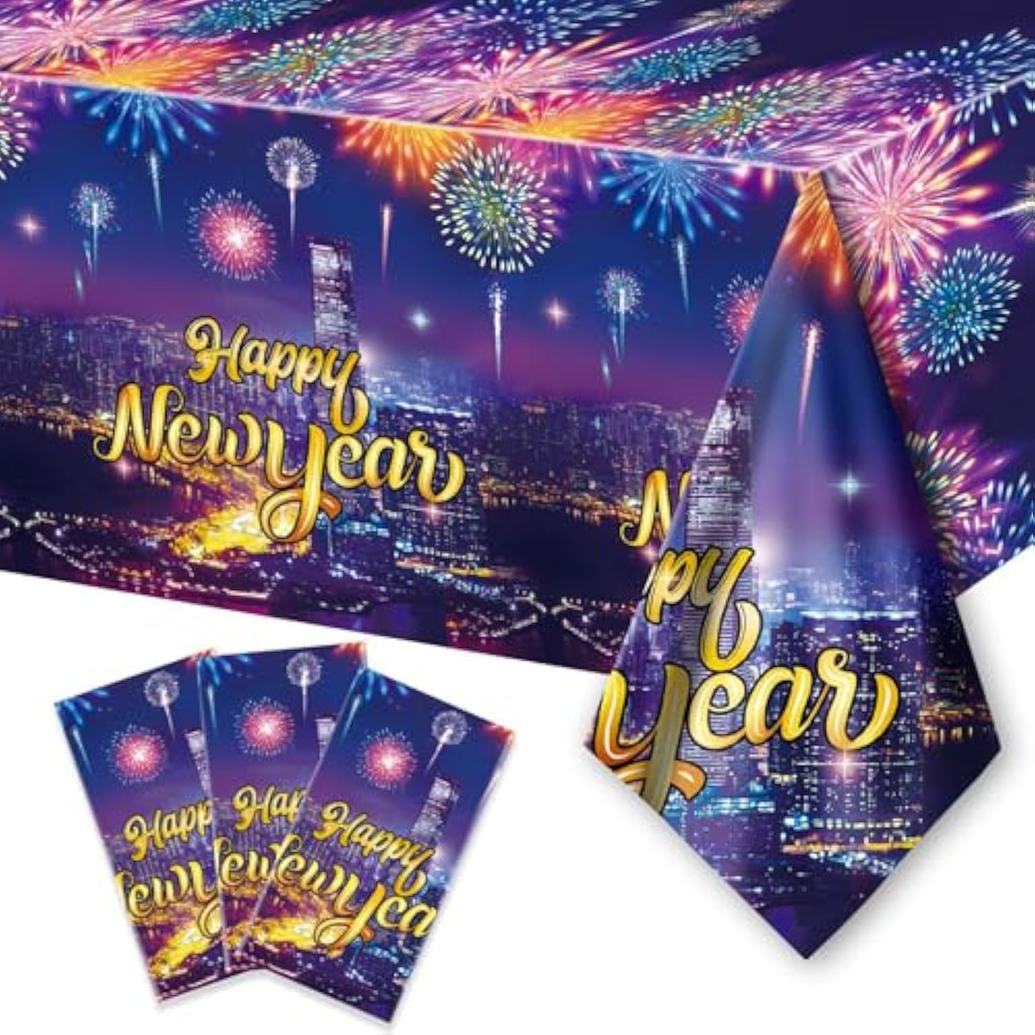 3 Pcs Firework Happy New Year 2026 Tablecloths Colorful NYE Party Covers