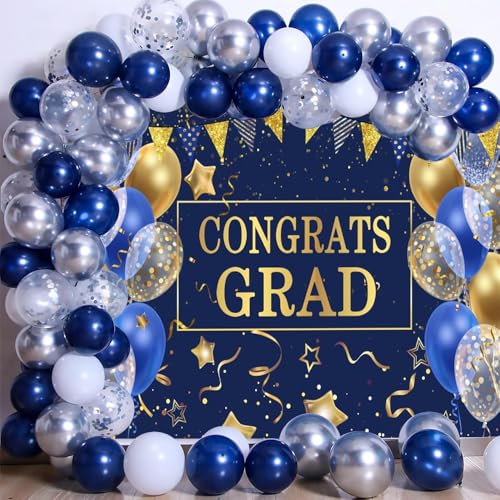 10x8ft Blue Graduation Backdrop Congrats Grad Class of 2026 Backdrop for Photography Graduation Party Decorations with Balloons Background Cake Table Banner Decor Photo Booth Props