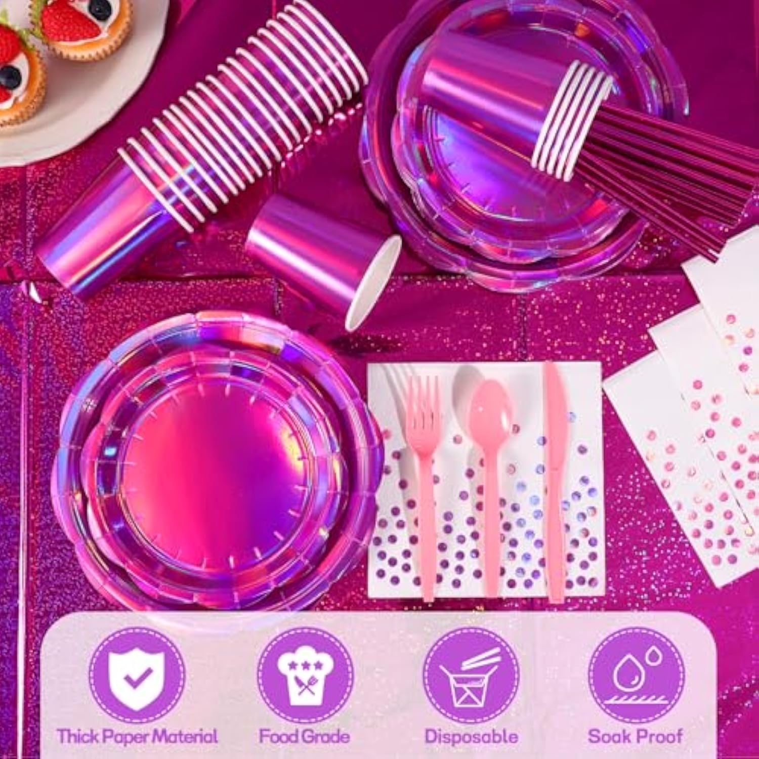 200PCS Pink Plates & Napkins Party Set for 25 Guests, Holographic Pink Decorations