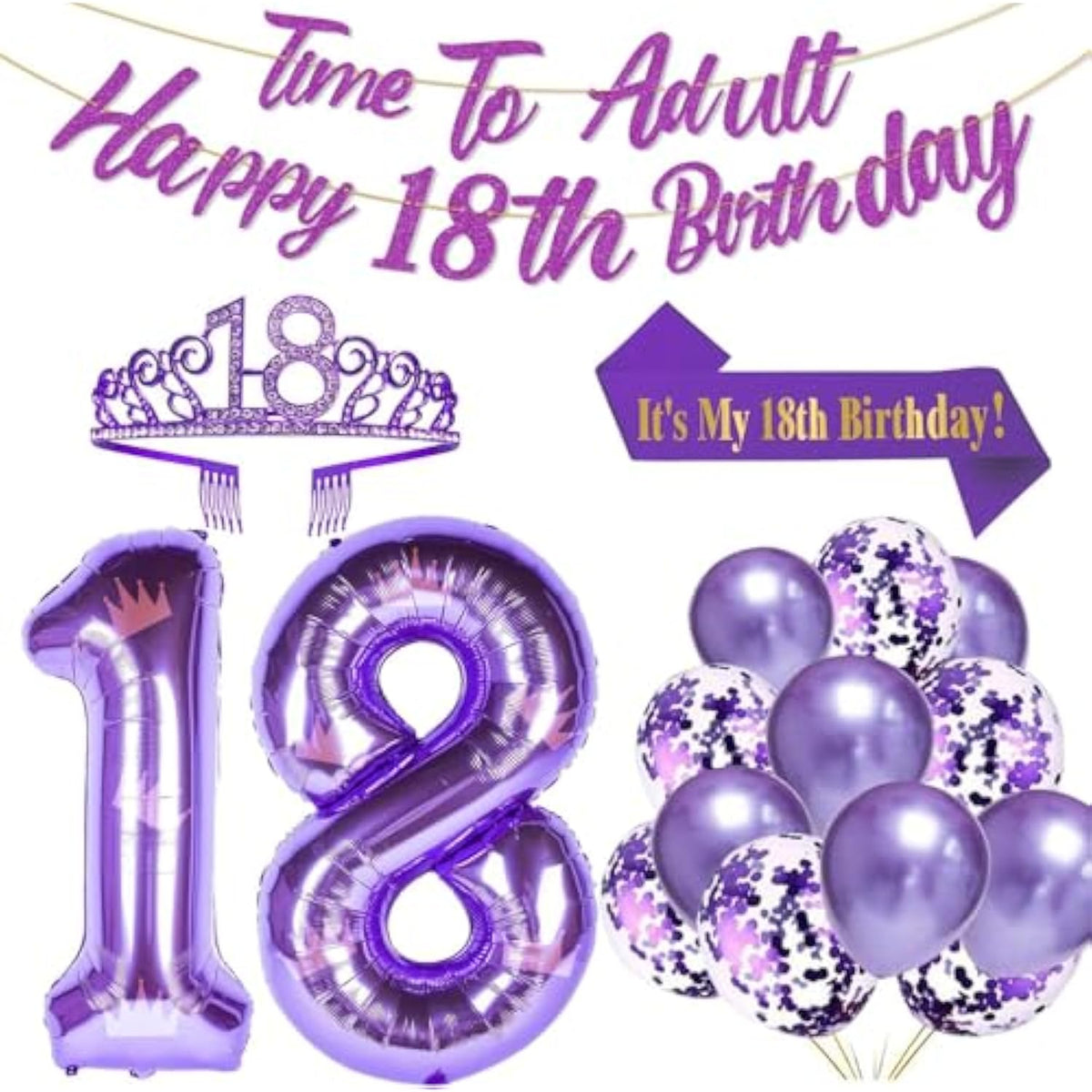 Purple 18Th Birthday Decorations For Girls Purple 18Th Birthday-Banner, Sash, Tiara 40 Inch No. 18 Foil Balloons Rose Gold Confetti Balloons 18Th Purple Party Set