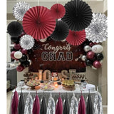 24Pcs Maroon Decorations Burgundy Black Silver Party Decor Tassel Garland Banner Paper Flower Fans Streamers Wall Hanging Backdrop Graduation Wedding Birthday Bridal Shower