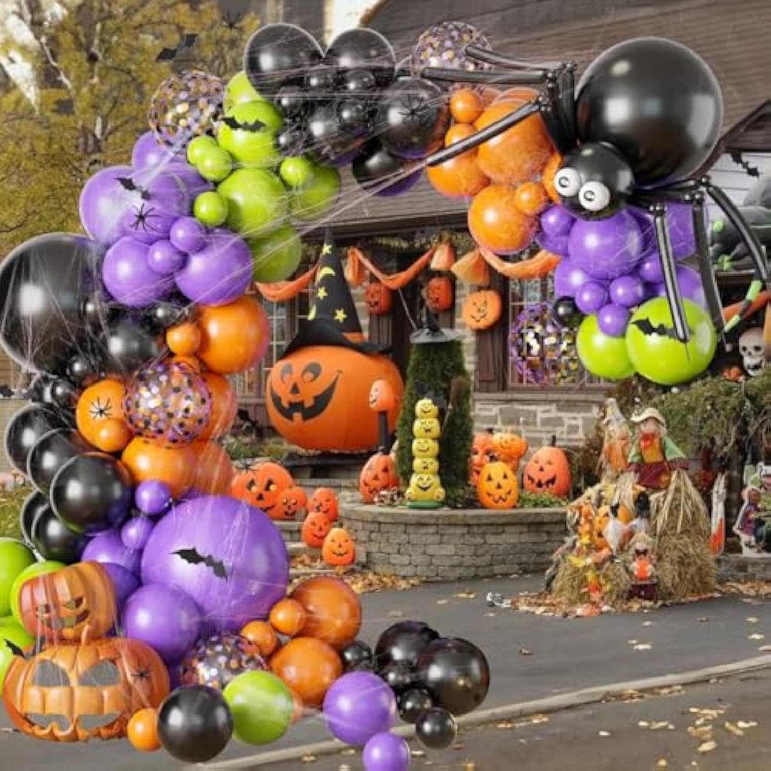 131Pc Halloween Balloon Arch Kit – Black Orange Green Purple with Spider Web