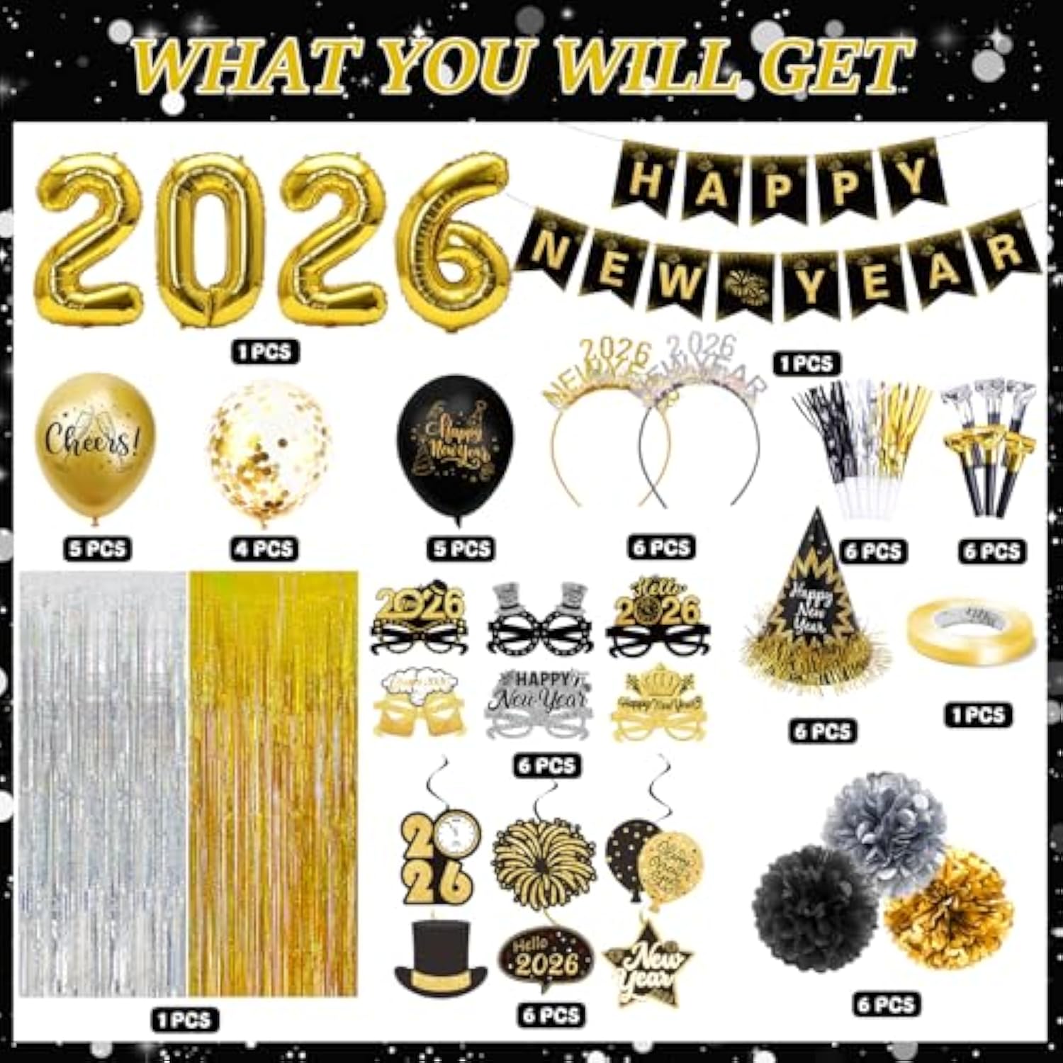 60pc Gold & Black 2026 New Year Party Kit Balloons, Hats & Photo Props