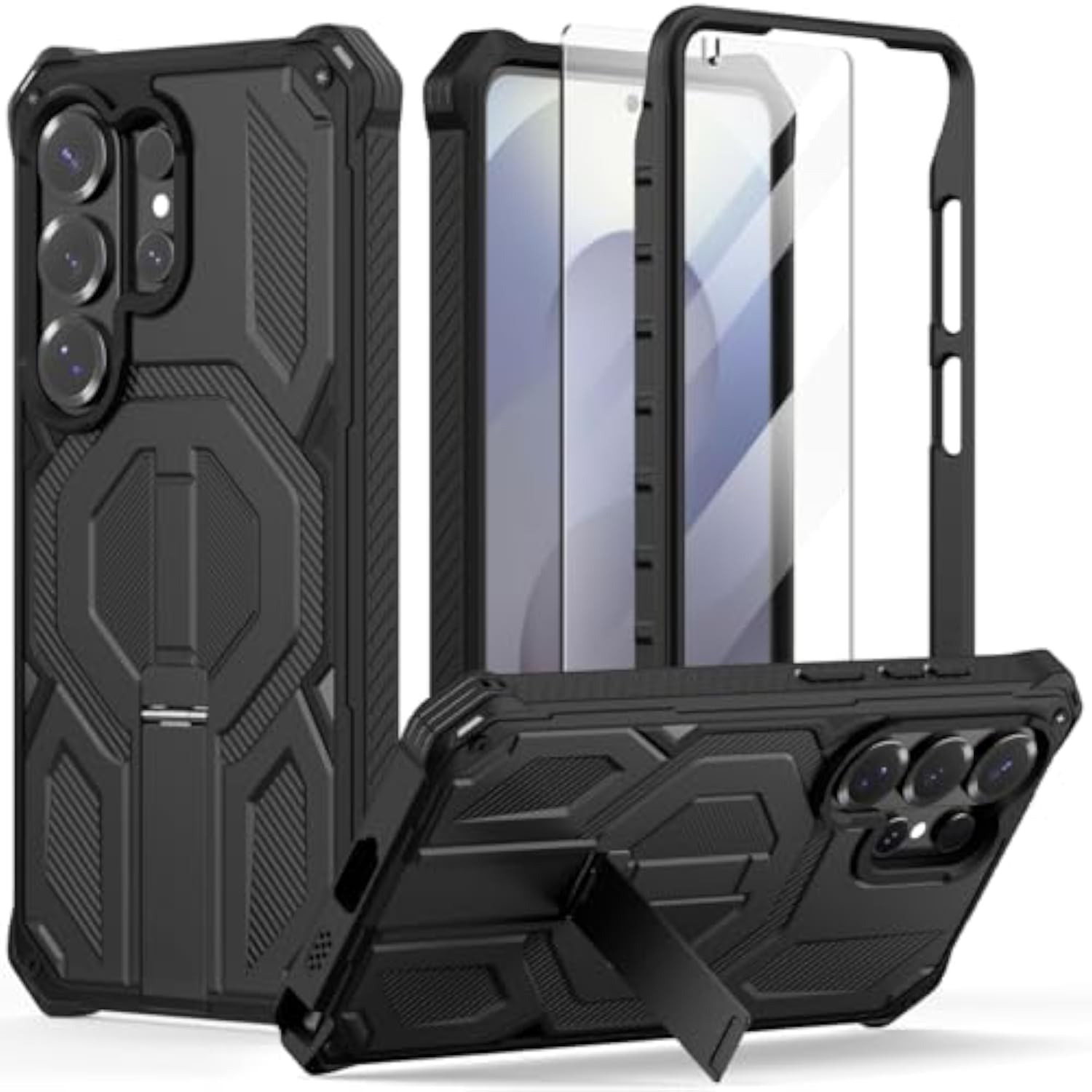 Samsung Galaxy S26 Ultra 3-in-1 Military Grade Shockproof Protective Case with Screen Protector and Invisible Kickstand, 6.9 inch Black