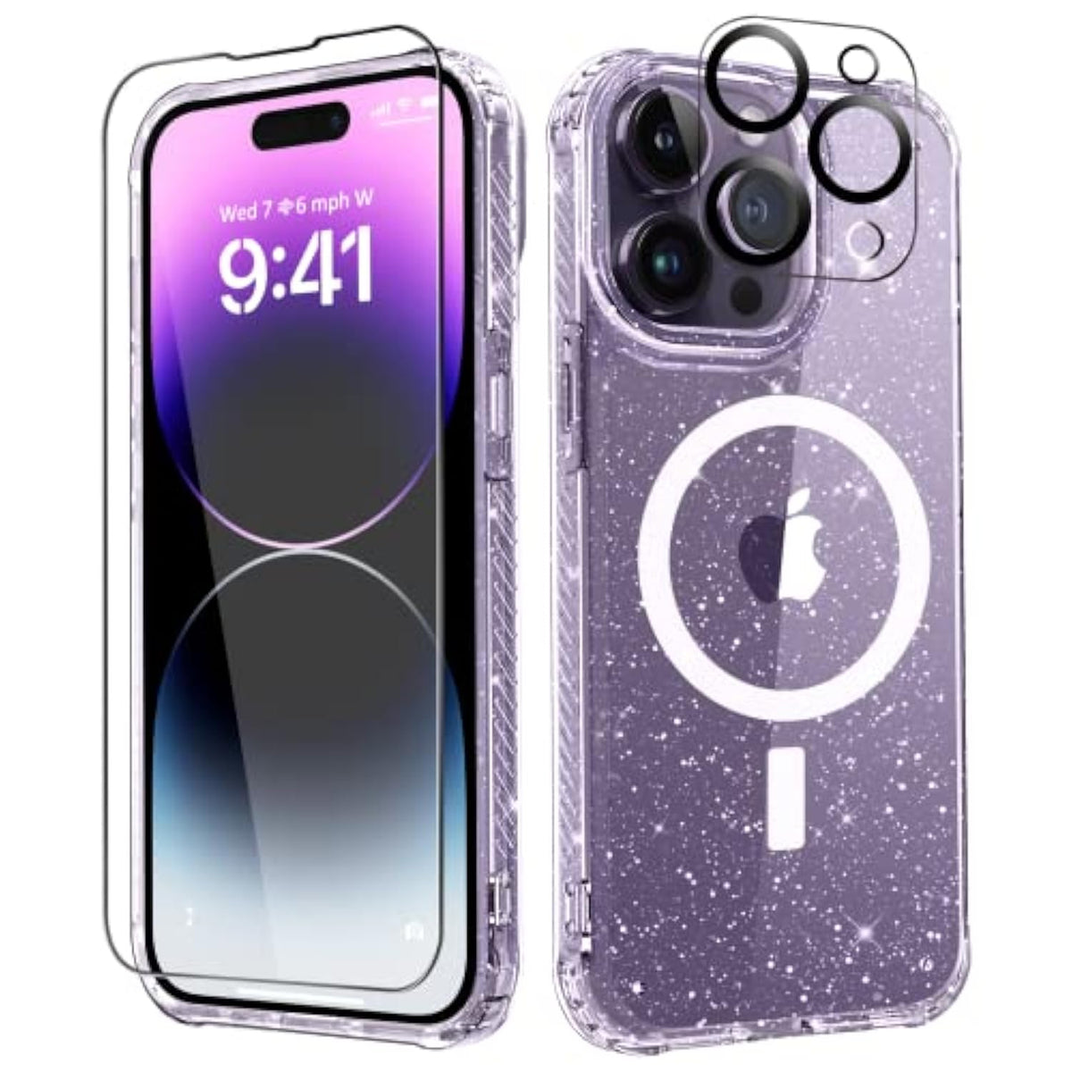 Compatible With Iphone 14 Pro With Screen Protector + Camera Protector, [Compatible With Magsafe] Clear Glitter Women Girls Phone Case, Protective Cover For 14Pro 6.1" - Magnetic Clear