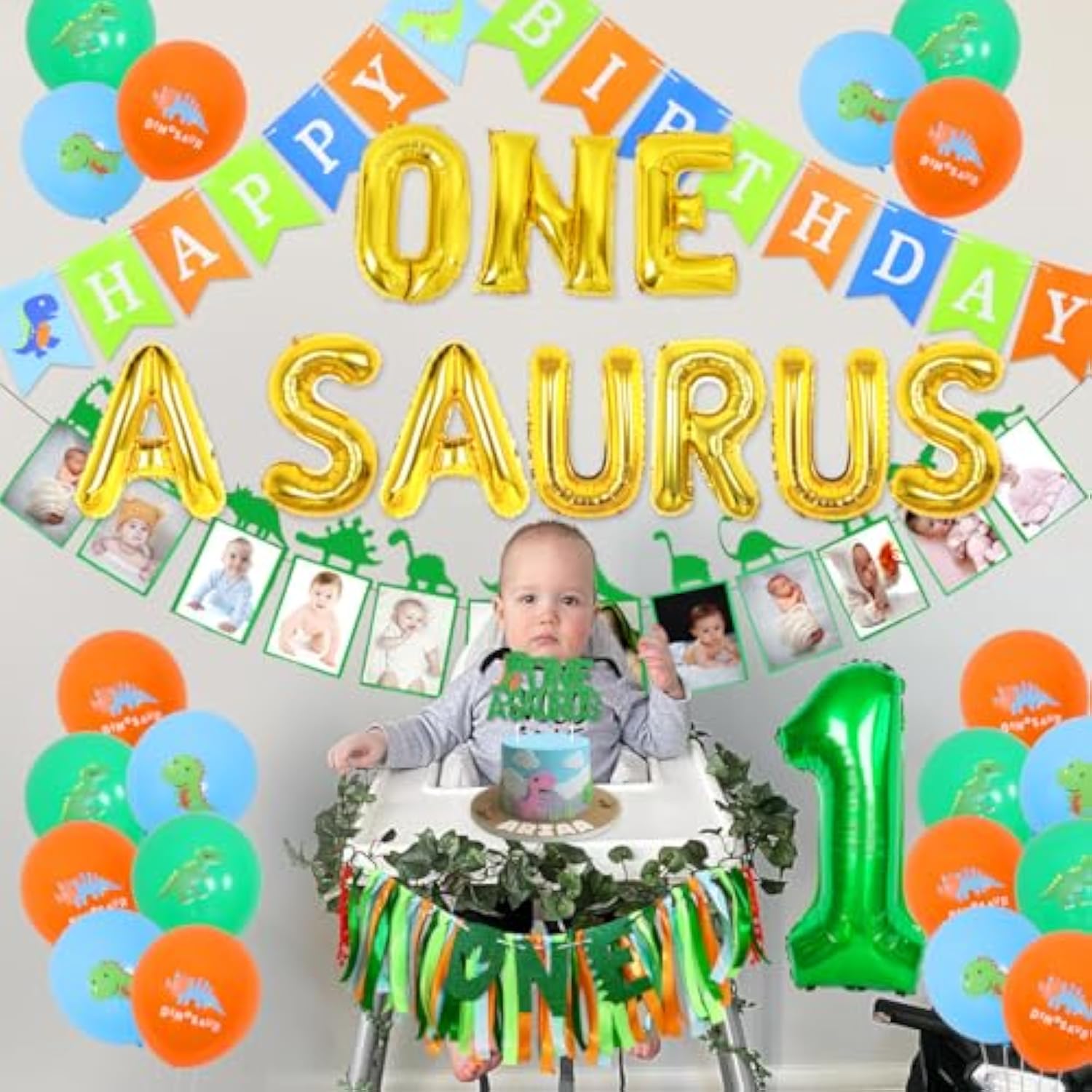 One A Saurus Birthday Decorations, Dinosaur 1St Happy Birthday Party Supplies With Balloons Highchair Banner And Baby Photo Banner, T-Rex Roar Party Decor For Boy One Year Old