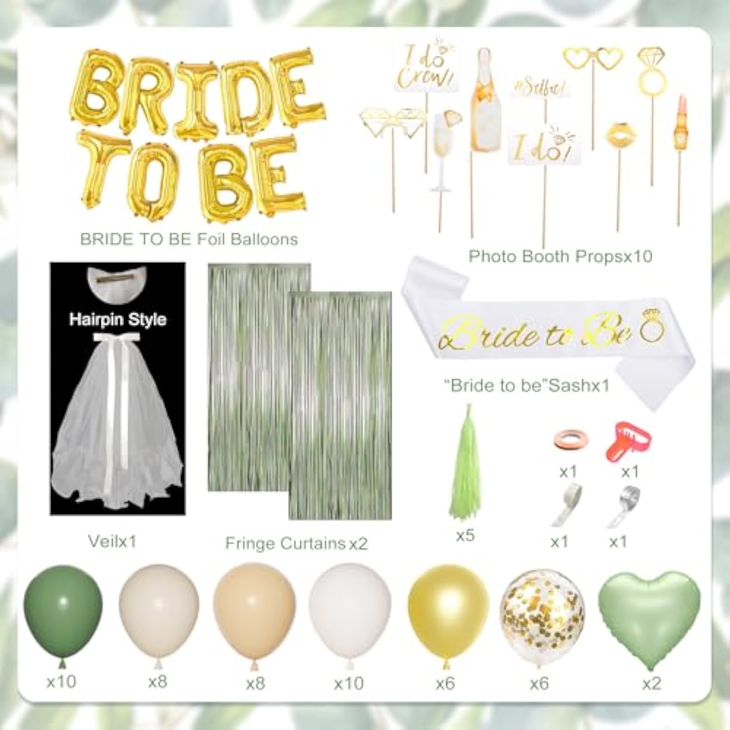 Bachelorette Party Decorations Supplies, Sage Green Bridal Shower Decorations Bride To Be Sash Veil, Nude White Gold Confetti Heart Balloons, Photo Booth Props, Fringe Curtains, Paper Tassels