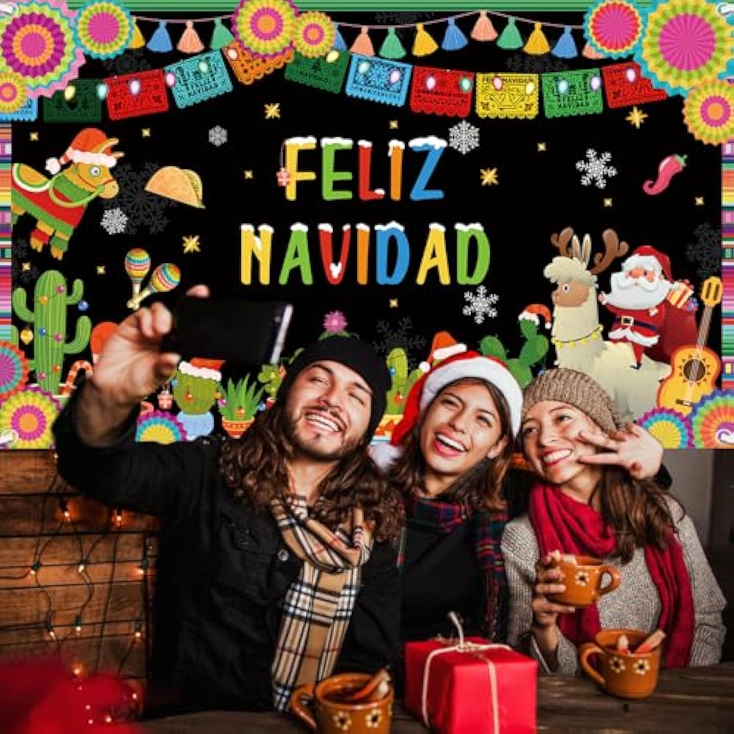 Feliz Navidad Backdrop Banner, Mexican Merry Christmas Party Supplies, Santa Cactus Snowflake Christmas Party Decorations, Winter Xmas Fiesta Family Holiday Party Photo Props 70.8X43.3 Inch