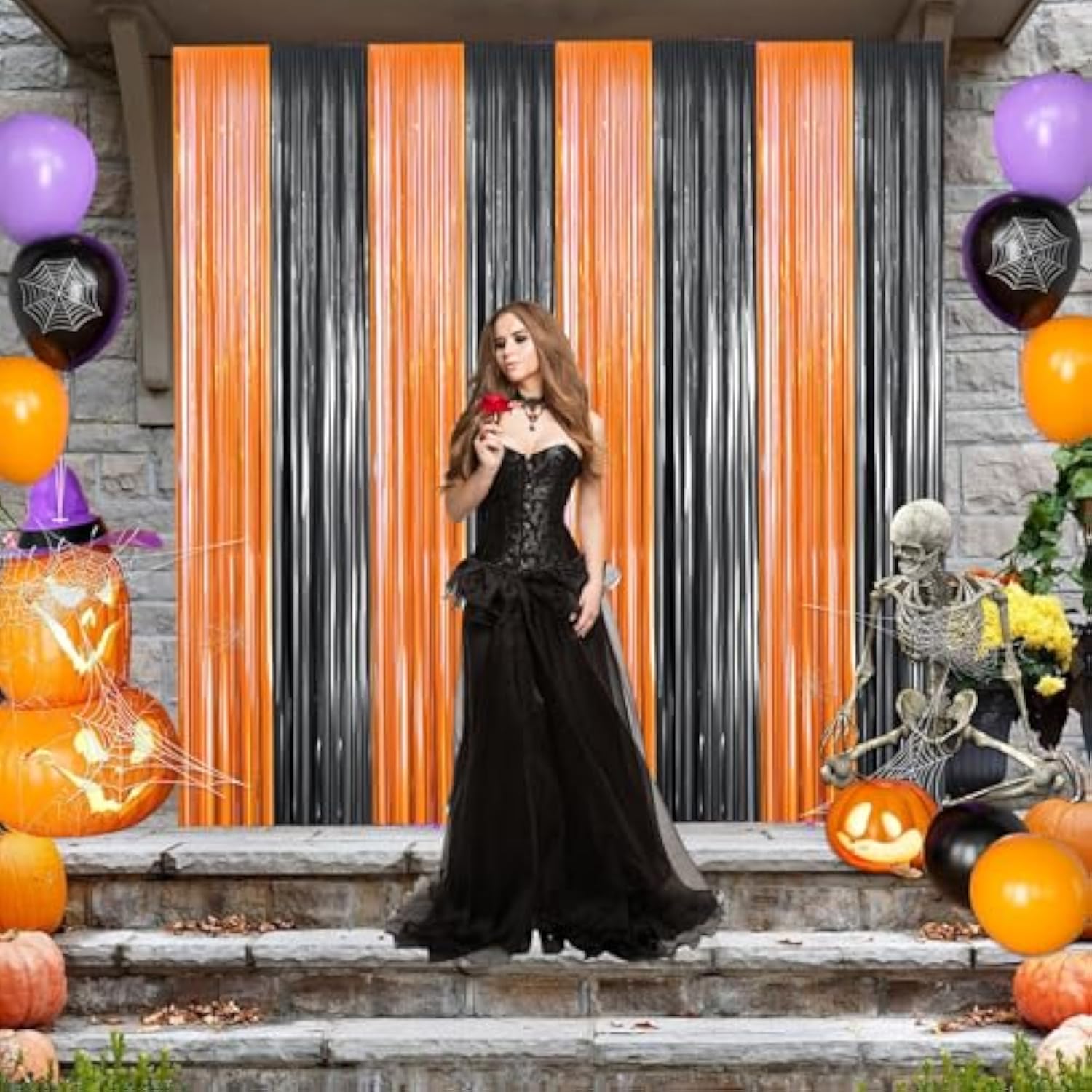 2pcs Orange Black Foil Fringe Curtains 3x8ft Backdrop for Halloween Party Decor