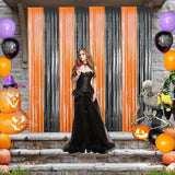2pcs Orange Black Foil Fringe Curtains 3x8ft Backdrop for Halloween Party Decor