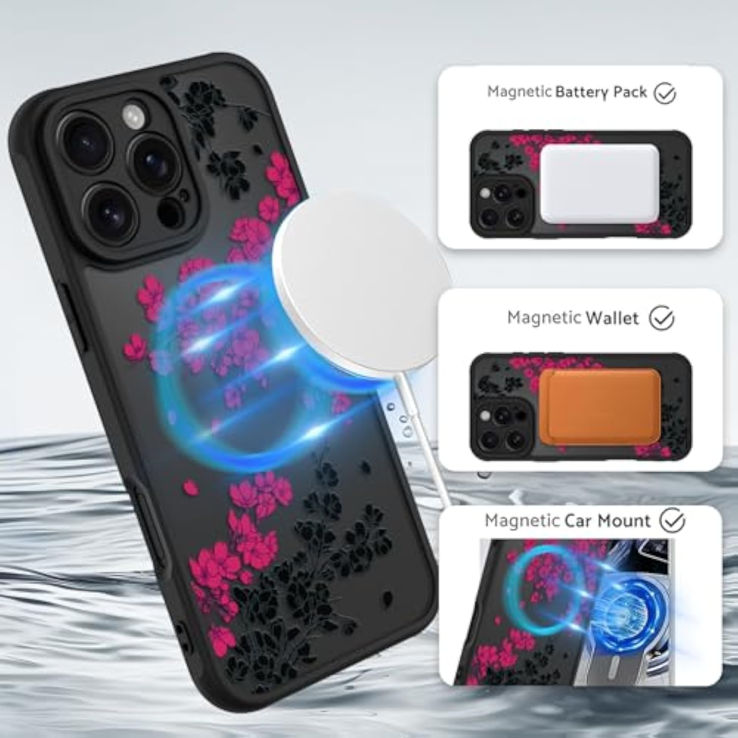 OOK Case for iPhone 16 Pro Max 6.9 (Compatible with MagSafe) Floral Flowers Design Translucent Phone Cover Soft TPU + Hard PC Anti-Scratch Shockproof Magnetic Cute Case for Women - Hot Pink